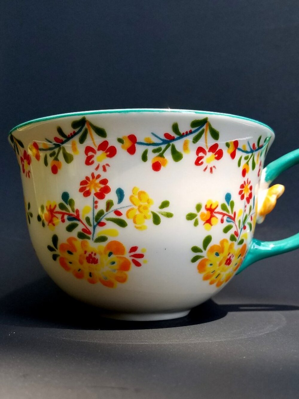 Anthropologie Cadiz French Country Floral Turquoise Mug 3D Flower on Handle